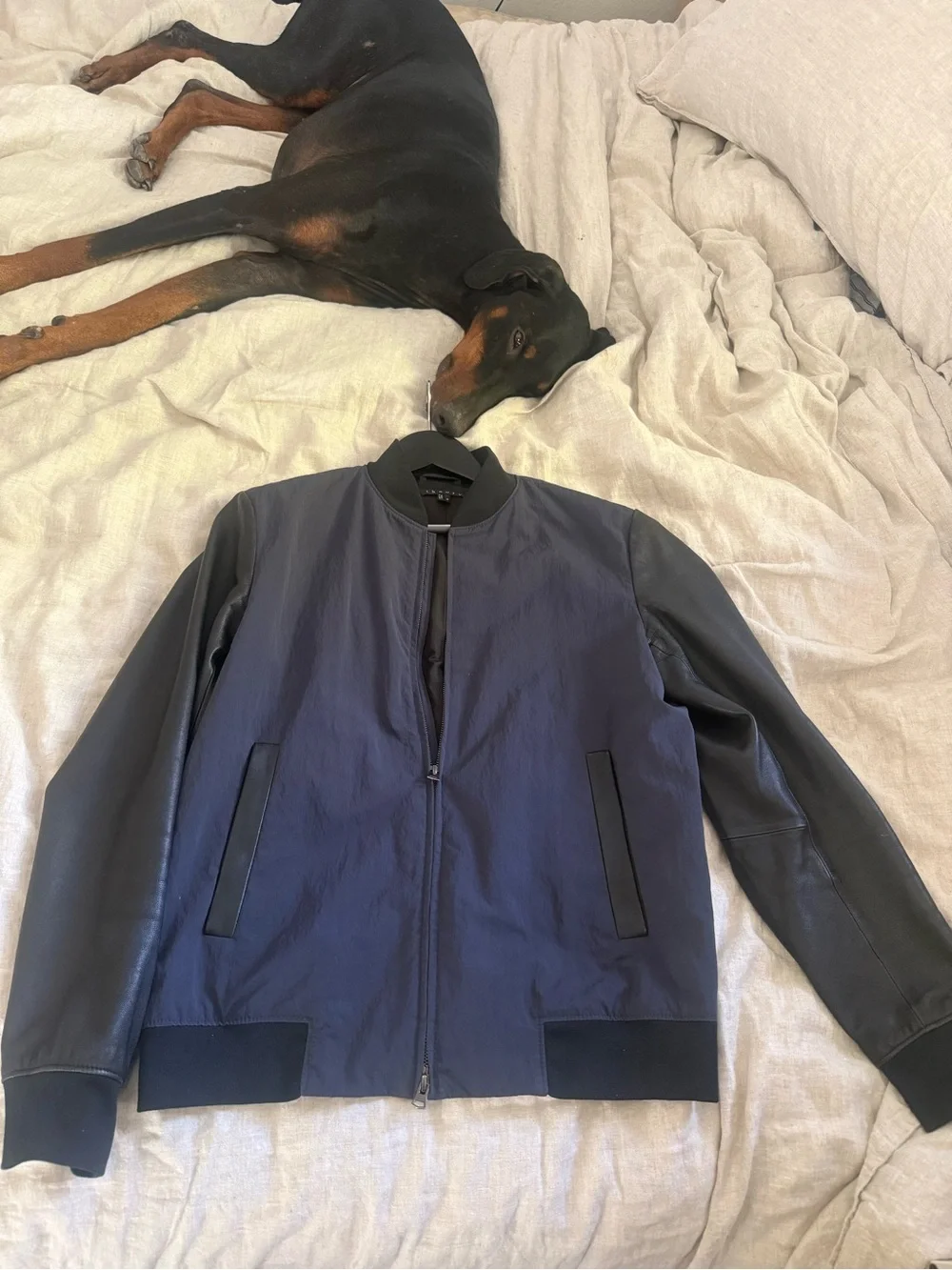 Theory Men's Navy Body with Black Leather Sleeves Bomber Jacket